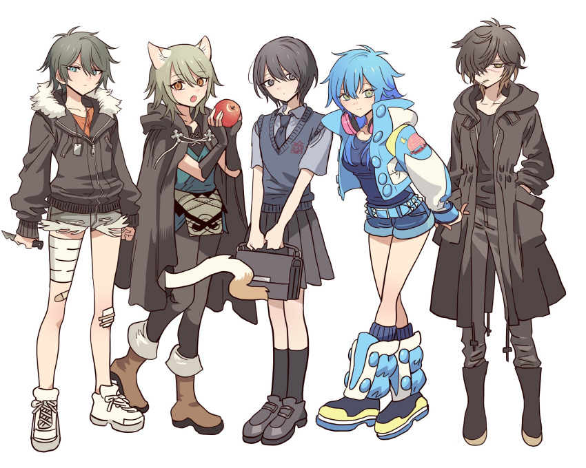 5girls akira_(togainu_no_chi) animal_ears ankle_boots bandaged_leg bandages bandaid belt black_cloak black_coat black_eyes black_gloves black_pants black_skirt black_socks blue_belt blue_eyes blue_hair blue_jacket blue_necktie blue_shirt blue_vest boots breasts briefcase brown_footwear cigarette cloak coat collared_shirt commentary company_connection crossover denim denim_shorts dramatical_murder fingerless_gloves food fruit fur-trimmed_jacket fur_trim genderswap genderswap_(mtf) gloves green_hair grey_background grey_hair grey_jacket grey_shorts hands_in_pockets head_tilt headphones headphones_around_neck highres holding holding_briefcase holding_food holding_fruit hood hooded_cloak hooded_coat jacket konoe lamento loafers long_hair long_sleeves medium_breasts meremero multiple_crossover multiple_girls necktie orange_shirt pants pleated_skirt red_eyes sakiyama_youji scar scar_on_face school_uniform seragaki_aoba shirt shoes short_hair short_sleeves shorts simple_background skirt slow_damage smoking sneakers socks sweet_pool tail togainu_no_chi towa_(slow_damage) trait_connection trench_coat vest white_footwear wolf_ears wolf_girl wolf_tail yellow_eyes