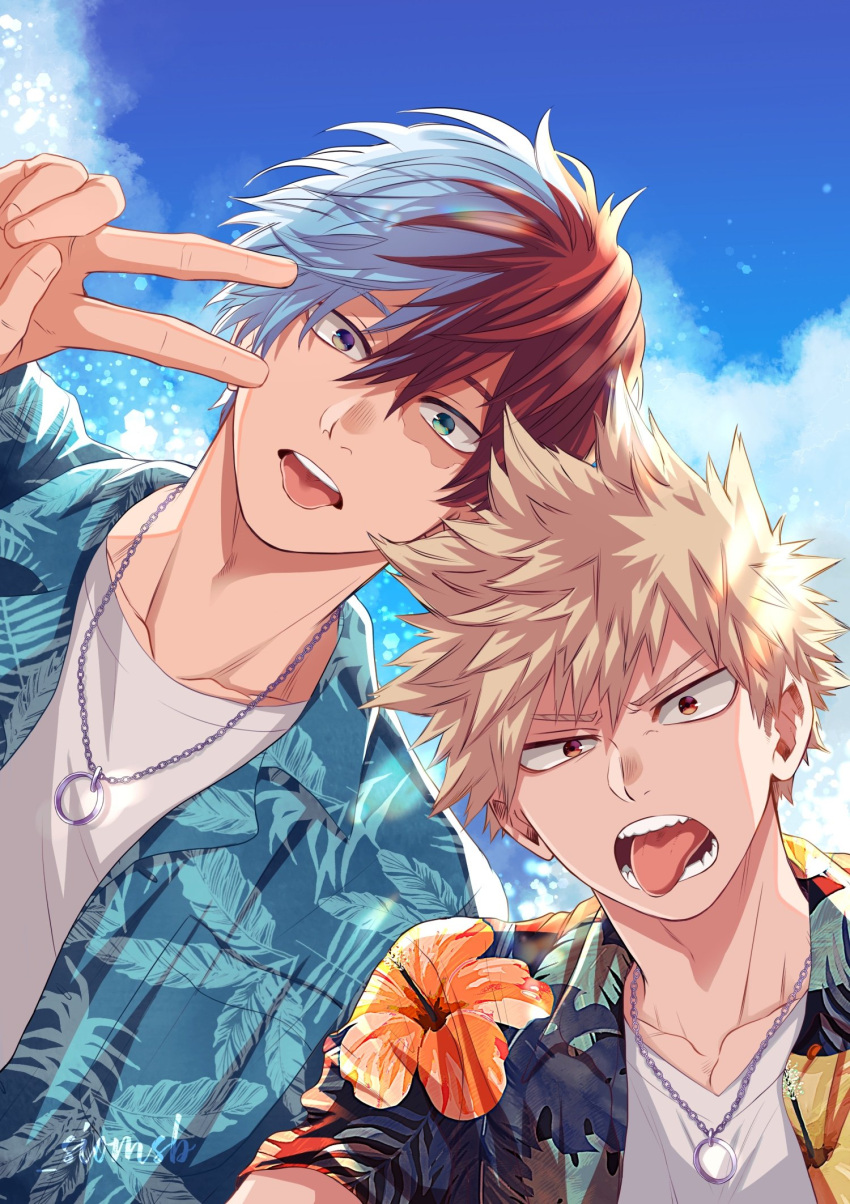 2boys artist_name bakugou_katsuki black_shirt blonde_hair blue_eyes blue_shirt blue_sky boku_no_hero_academia burn_scar clouds collarbone collared_shirt commentary_request day floral_print grey_eyes hair_between_eyes hand_up hawaiian_shirt heterochromia hibiscus_print highres jewelry male_focus multicolored_eyes multicolored_hair multiple_boys necklace open_clothes open_mouth open_shirt outdoors print_shirt red_eyes redhead ring_necklace salt_-_siomsb scar scar_on_face shirt short_hair short_sleeves sky spiky_hair split-color_hair teeth todoroki_shouto tongue tongue_out two-tone_hair undershirt upper_body v v-shaped_eyebrows violet_eyes white_hair white_shirt