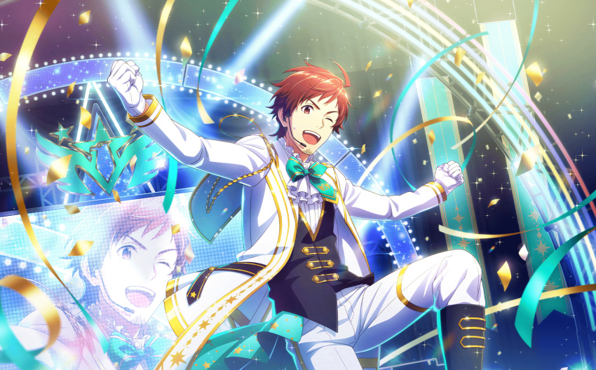 1boy ahoge clenched_hands confetti facial_hair frilled_shirt_collar frills gloves goatee headset highres idolmaster idolmaster_side-m long_sleeves official_art one_eye_closed open_mouth pants solo streamers teeth tendo_teru upper_teeth_only white_gloves white_pants