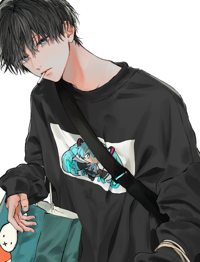 1boy absurdres bag black_hair black_sweater blue_eyes cigarette closed_mouth en_(e898n) hatsune_miku highres long_sleeves looking_at_viewer male_focus mouth_hold original shopping_bag short_hair simple_background sleeves_past_wrists solo sweater white_background