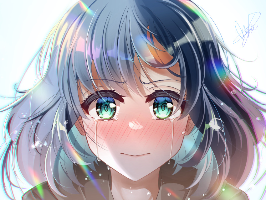 1girl absurdres aqua_eyes black_hoodie blue_hair blush chromatic_aberration close-up crying crying_with_eyes_open highres hood hoodie kurokawa_akane looking_at_viewer masanohe_(etoileair) medium_hair nose_blush oshi_no_ko portrait signature simple_background solo streaming_tears tears translation_request water_drop white_background