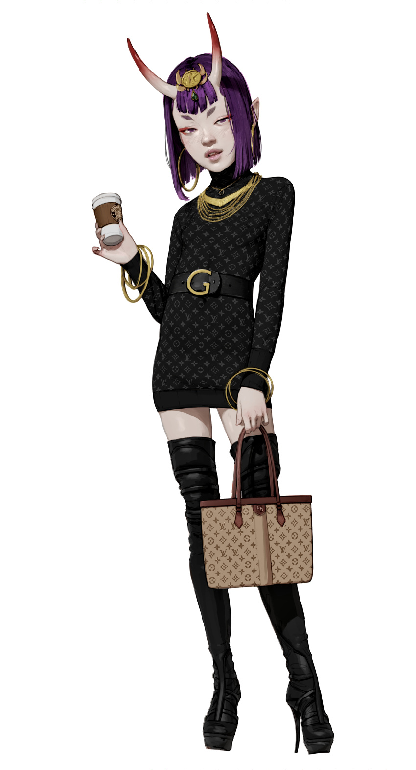 1girl absurdres bag belt black_dress black_footwear black_thighhighs bob_cut boots bracelet coffee_cup cup diathorn disposable_cup dress earrings eyeliner fashion fate/grand_order fate_(series) full_body gold_necklace handbag headpiece high_heel_boots high_heels highres holding holding_cup hoop_earrings horns jewelry looking_at_viewer louis_vuitton_(brand) makeup necklace oni oni_horns parted_lips pointy_ears purple_hair short_eyebrows short_hair shuten_douji_(fate) simple_background skin-covered_horns solo standing thigh-highs thigh_boots violet_eyes white_background