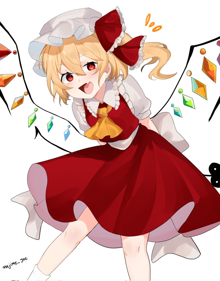 1girl :d arms_behind_back ascot blonde_hair crystal fang fangs feet_out_of_frame flandre_scarlet hair_between_eyes hat highres holding holding_weapon laevatein_(touhou) leaning_forward legs_apart looking_at_viewer majime_joe mob_cap one_side_up open_mouth red_eyes red_skirt red_vest short_hair_with_long_locks simple_background skin_fang skin_fangs skirt skirt_set smile solo standing touhou vest weapon white_background wings yellow_ascot