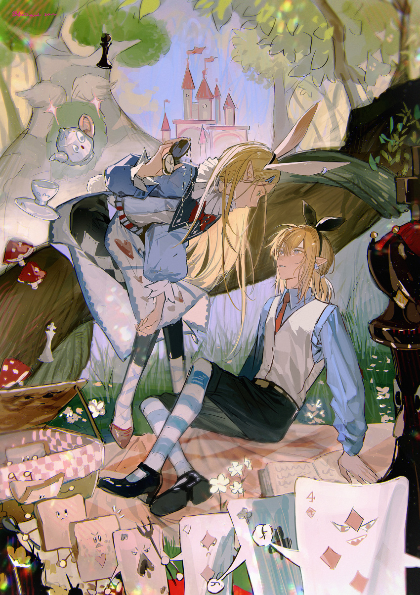 1boy 1girl akihare alice_(alice_in_wonderland) alice_(alice_in_wonderland)_(cosplay) alice_in_wonderland animal_ears arm_support artist_name belt black_bow black_footwear black_pants black_shorts blanket blonde_hair blue_dress blue_shirt bow bread bread_slice card castle chess_piece cosplay creature cup day dress earrings extra_ears eye_contact floating floating_object food forest fork grass hair_bow hairband hand_up heart heart_print highres holding in_tree jewelry king_(chess) light_particles link loafers long_hair long_sleeves looking_at_another looking_down mushroom nature outdoors pants pawn_(chess) picnic picnic_basket pocket_watch pointy_ears poison_mushroom ponytail princess_zelda profile puffy_long_sleeves puffy_sleeves queue rabbit_ears rabbit_girl red_footwear sash saucer shirt shoe_soles shoes short_hair shorts sitting socks striped striped_thighhighs tabard tea_set teacup teapot the_legend_of_zelda thigh-highs tree very_long_hair watch white_rabbit_(alice_in_wonderland) white_rabbit_(alice_in_wonderland)_(cosplay)