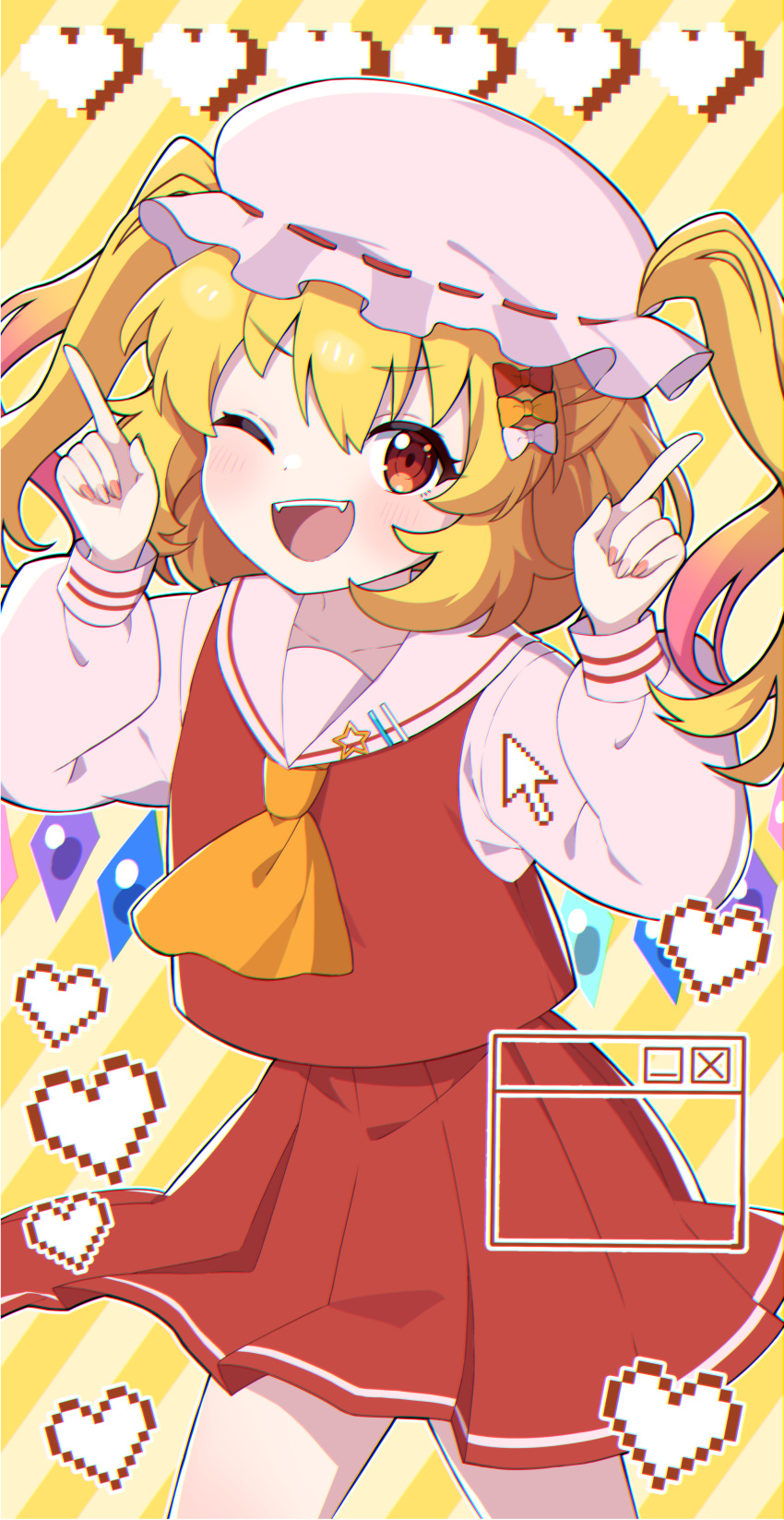 1girl ;d absurdres adapted_costume blonde_hair blush chromatic_aberration fangs fingernails flandre_scarlet hair_between_eyes hands_up hat highres index_finger_raised long_sleeves looking_at_viewer miz_(mizillustration) mob_cap nail_polish one_eye_closed open_mouth puffy_long_sleeves puffy_sleeves red_eyes red_skirt red_vest simple_background skirt smile solo teeth touhou upper_teeth_only vest