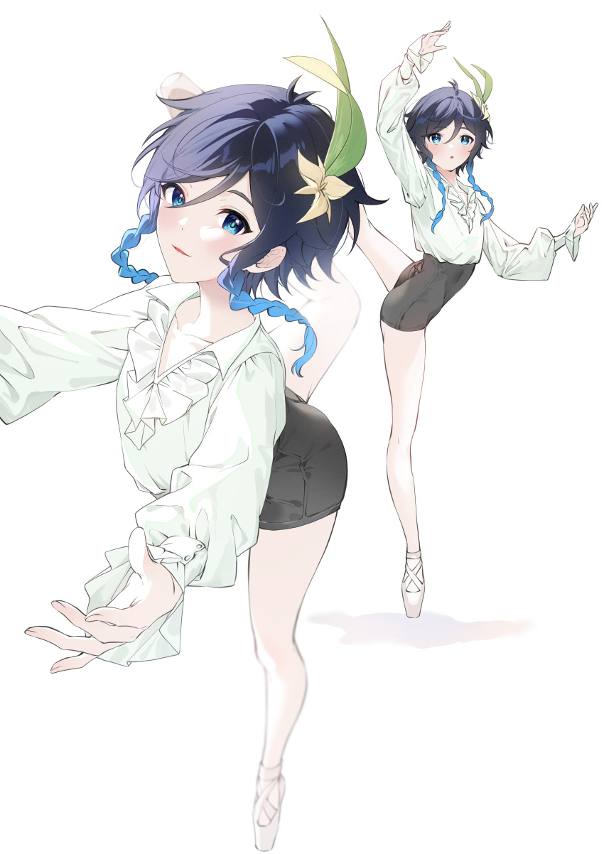 1boy absurdres antenna_hair ballet_slippers black_hair black_shorts blue_eyes blue_hair blush braid cecilia_flower_(genshin_impact) collarbone collared_shirt flower full_body genshin_impact gradient_hair hair_between_eyes hair_flower hair_ornament hands_up highres kkopoli leaf_hair_ornament leg_up long_sleeves looking_at_viewer looking_up male_focus multicolored_hair no_headwear open_mouth puffy_long_sleeves puffy_sleeves shadow shirt shoes short_hair shorts simple_background smile solo standing standing_on_one_leg twin_braids venti_(genshin_impact) white_background white_footwear white_shirt yellow_flower