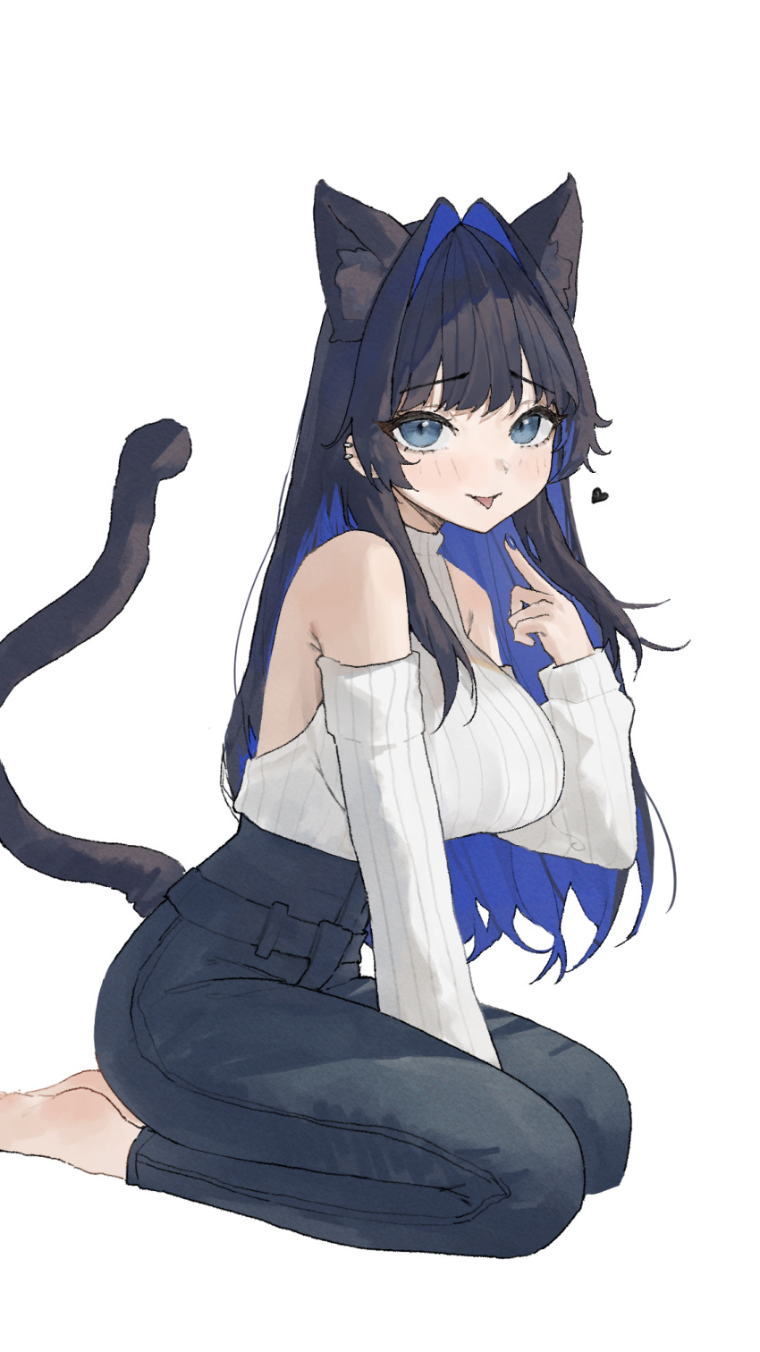 1girl animal_ears arch_05x bare_shoulders barefoot black_heart blue_eyes blue_hair blue_nails blue_pants blunt_bangs blush breasts cat_ears cat_tail colored_inner_hair commentary denim detached_sleeves ear_piercing english_commentary extra_ears feet fingernails hair_intakes heart high-waist_pants highres hololive hololive_english jeans jewelry large_breasts long_hair long_sleeves looking_at_viewer multicolored_hair nail_polish official_alternate_costume ouro_kronii ouro_kronii_(3rd_costume) pants piercing seiza shirt simple_background sitting soles solo tail tongue very_long_hair virtual_youtuber white_background white_shirt