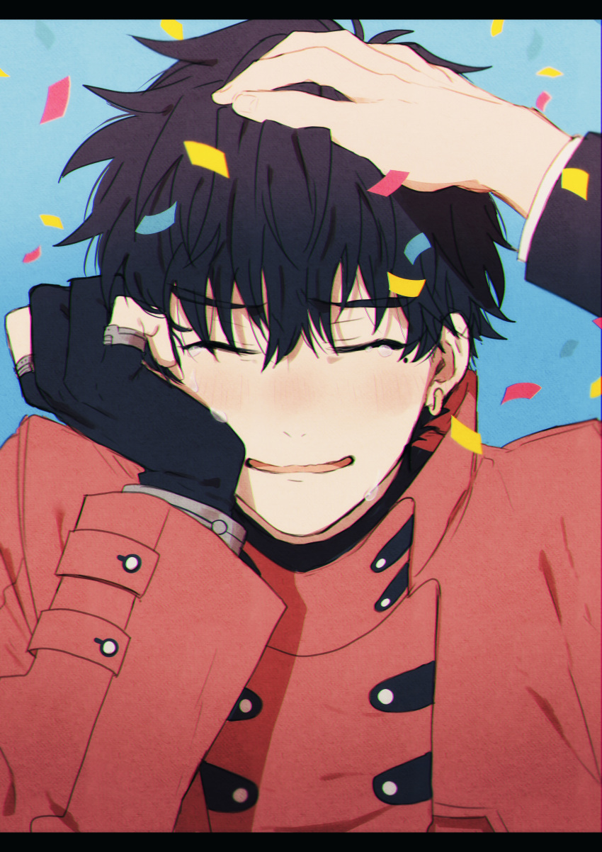 2boys absurdres black_gloves black_hair blue_background closed_eyes confetti crying earrings fingerless_gloves gloves hand_up highres jacket jewelry long_sleeves male_focus mole mole_under_eye multiple_boys nicholas_d._wolfwood open_mouth out_of_frame red_jacket short_hair single_earring smile tears trigun vash_the_stampede yuma_(zero)
