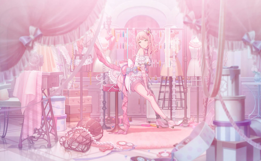 1girl artist_request blue_ribbon bow box carpet chair character_request clothes copyright_request curtains dress gift gift_box high_heels highres messy_room pink_carpet pink_curtains pink_dress pink_eyes pink_hair pink_ribbon ribbon scenery sitting suitcase tagme