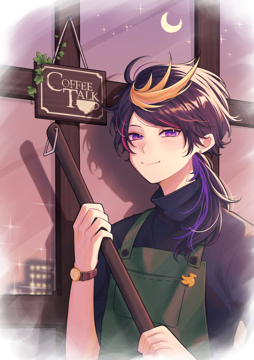 1boy absurdres ahoge apron black_hair black_shirt blonde_hair building closed_mouth commentary crescent_moon english_commentary eyelashes green_apron hair_over_shoulder hand_up highres holding indoors long_hair looking_at_viewer male_focus mochigome_(yum) moon multicolored_hair night nijisanji nijisanji_en parted_bangs pink_hair pocket purple_hair shirt shu_yamino sidelocks sign sky smile solo star_(sky) starry_sky streaked_hair swept_bangs turtleneck upper_body violet_eyes virtual_youtuber watch watch window