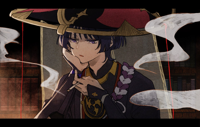 1boy black_jacket blunt_ends cigarette film_grain from_behind genshin_impact half-closed_eyes hand_on_own_chin hat highres holding holding_cigarette indoors jacket japanese_clothes jingasa letterboxed looking_to_the_side male_focus open_mouth purple_hair scaramouche_(genshin_impact) short_hair smoke smoking solo tanamigohan unhappy violet_eyes