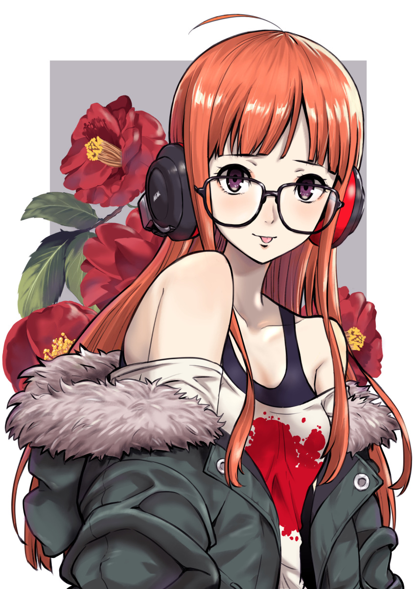 1girl :p absurdres ahoge bare_shoulders behind-the-head_headphones blunt_bangs border collarbone flower fur-trimmed_jacket fur_trim glasses green_jacket headphones hibiscus highres ito_(daisukidanchi) jacket leaf long_hair looking_at_viewer off-shoulder_shirt off_shoulder orange_hair persona persona_5 red_flower sakura_futaba shirt solo tongue tongue_out upper_body violet_eyes white_border