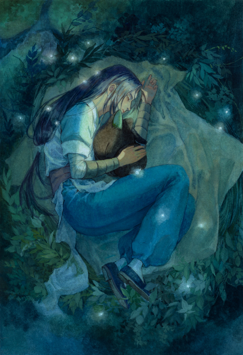 1boy absurdres animal arm_wrap bandaged_arm bandages black_cat blanket blue_pants cat chinese_clothes closed_eyes elyonlz fireflies from_above full_body highres long_hair low-tied_long_hair luo_xiaohei luo_xiaohei_zhanji male_focus nature night on_ground pants profile sash shoe_soles short_sleeves sleeping socks traditional_media white_socks wuxian_(the_legend_of_luoxiaohei)