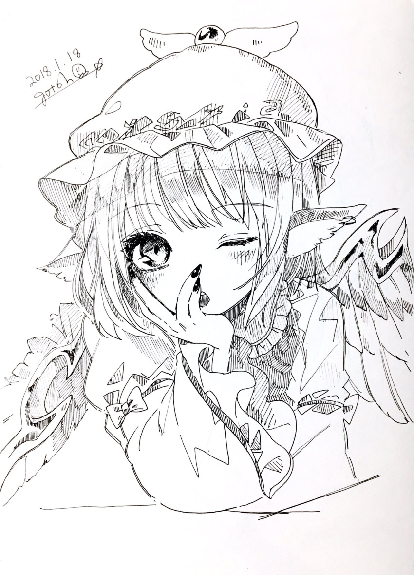 1girl animal_ears bird_ears bird_wings blush dated dress earrings feathered_wings fingernails frilled_sleeves frills gotoh510 hat highres jewelry long_fingernails long_sleeves mystia_lorelei nail_polish one_eye_closed open_mouth second-party_source short_hair signature single_earring sketch sleeve_garter solo touhou upper_body wide_sleeves winged_hat wings