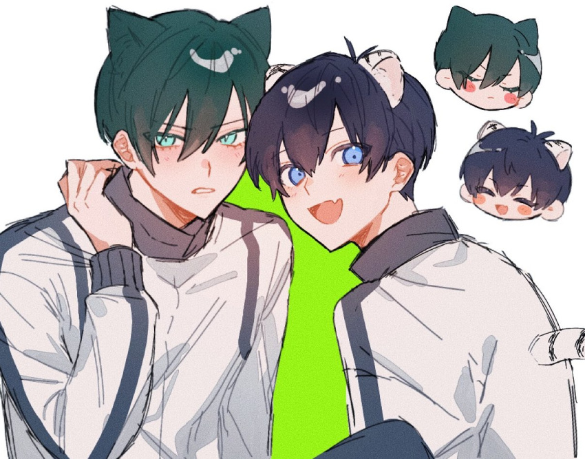 2boys :d animal_ears blue_eyes blue_hair blue_lock cat_boy cat_ears chibi closed_eyes fang frown hand_up isagi_yoichi itoshi_rin jacket long_sleeves looking_at_viewer male_focus multiple_boys na_su open_mouth short_hair skin_fang smile upper_body v-shaped_eyebrows white_background white_jacket