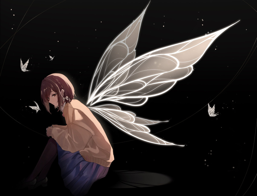 1girl 25-ji_nightcord_de._(project_sekai) baggy_clothes black_background black_footwear black_pantyhose blue_skirt bow braid brown_cardigan brown_eyes brown_hair butterfly_wings cardigan closed_mouth collared_shirt commentary dark_background expressionless from_side fuyutsuki11 hair_bow highres kamiyama_high_school_uniform_(project_sekai) loafers long_sleeves pantyhose pleated_skirt profile project_sekai school_uniform shinonome_ena shirt shoes short_hair sideways_glance single_braid sitting skirt solo transparent_wings white_bow white_shirt white_wings wings