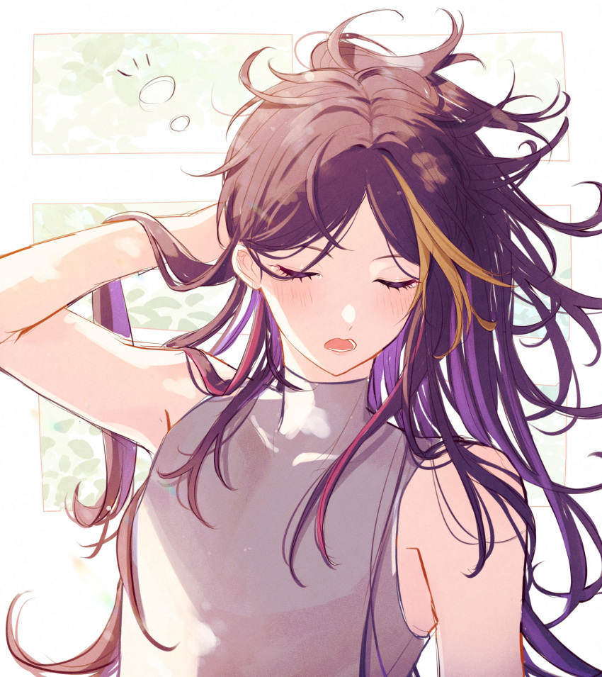 1boy absurdres arm_up bare_shoulders black_hair blonde_hair blush closed_eyes commentary covered_collarbone english_commentary eyelashes green_background highres long_hair male_focus messy_hair mochigome_(yum) multicolored_hair nijisanji nijisanji_en open_mouth parted_bangs pink_hair ponytail purple_hair shirt shu_yamino sidelocks simple_background sleepy sleeveless sleeveless_shirt solo streaked_hair teeth turtleneck upper_body virtual_youtuber white_background white_shirt yawning