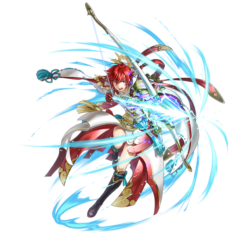 1girl aiming attack black_footwear boots bow_(weapon) bow_and_arrow_hold fire_emblem fire_emblem_fates fire_emblem_heroes frown full_body gloves halo hinoka_(fire_emblem) holding holding_bow_(weapon) holding_weapon official_alternate_costume official_art open_mouth red_eyes red_gloves redhead sheath short_hair solo teeth upper_teeth_only v-shaped_eyebrows weapon white_background