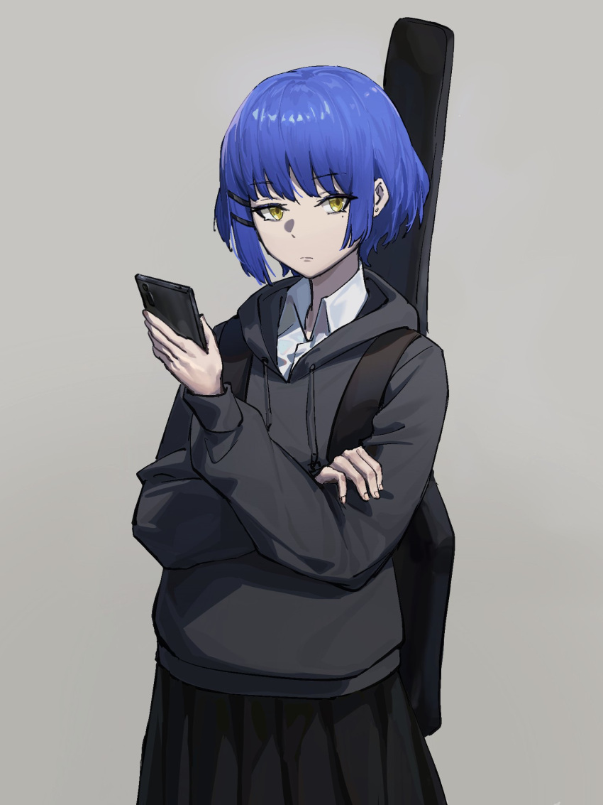 1girl black_skirt blue_hair bocchi_the_rock! boogieleo5 cellphone collared_shirt expressionless grey_background grey_hoodie guitar_case hair_ornament hairclip highres holding holding_phone hood hoodie instrument_case mole mole_under_eye phone pleated_skirt shirt short_hair skirt smartphone solo upper_body white_shirt yamada_ryou yellow_eyes