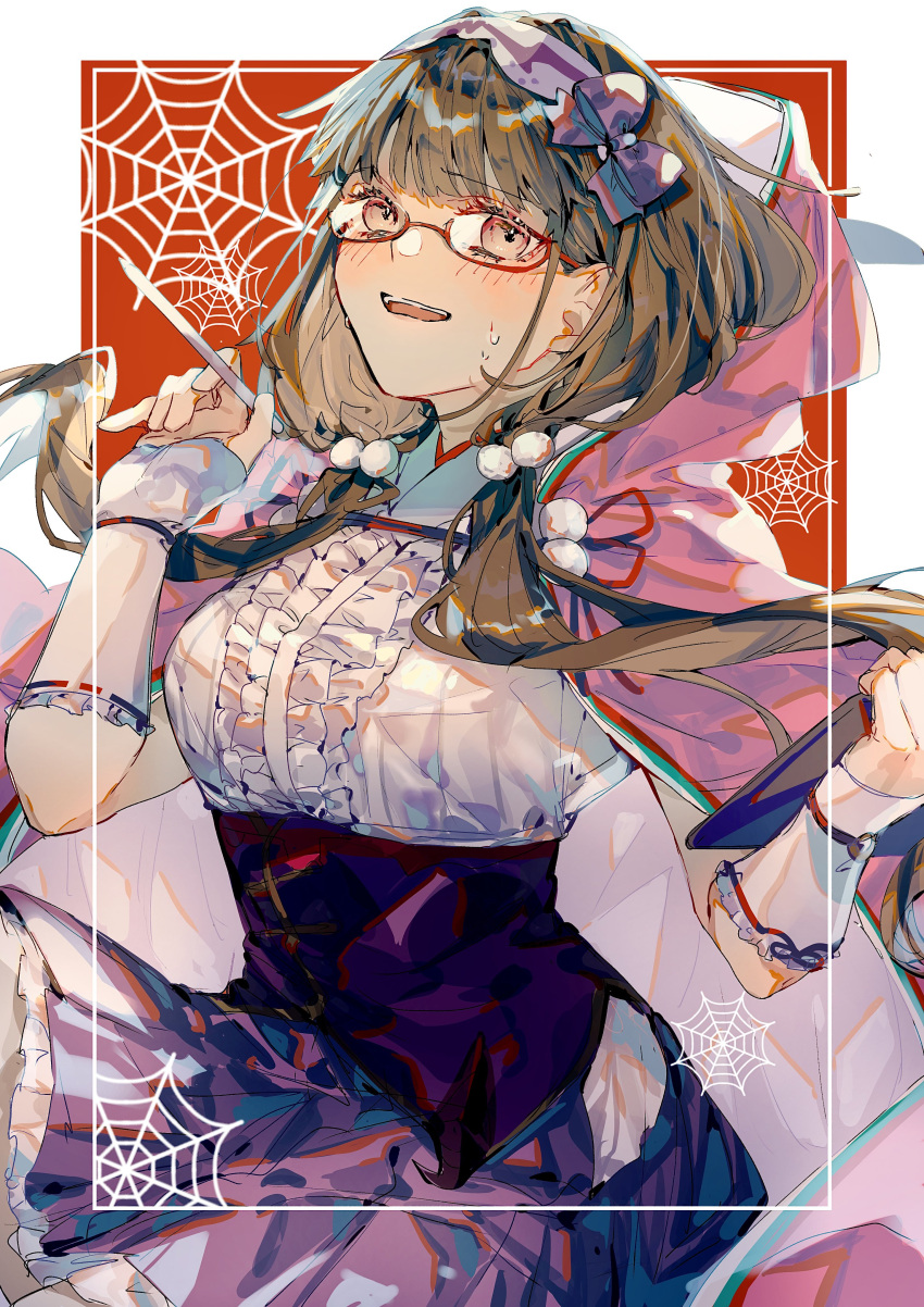 1girl absurdres blush bow brown_hair cape fate/grand_order fate_(series) glasses highres hood hooded_cape long_hair low_twintails nasubi_illust osakabe-hime_(fate) purple_skirt skirt spider_web_print stylus sweatdrop tablet_pc twintails