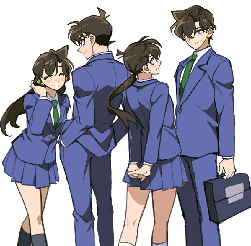 2boys 2girls ^_^ bag black_hair black_socks blazer blue_eyes blue_jacket blue_pants blue_skirt bow briefcase brown_hair closed_eyes collared_shirt feet_out_of_frame genderswap genderswap_(ftm) genderswap_(mtf) green_necktie hair_tucking hand_up hands_in_pockets holding holding_bag jacket kneehighs kudou_shin'ichi leaning_forward long_hair long_sleeves low_ponytail meitantei_conan miniskirt mouri_ran multiple_boys multiple_girls necktie own_hands_together pants pleated_skirt ponytail red_bow school_briefcase school_uniform shirt short_hair simple_background skirt smile socks standing teitan_high_school_uniform white_background white_shirt white_socks wuliu_heihuo