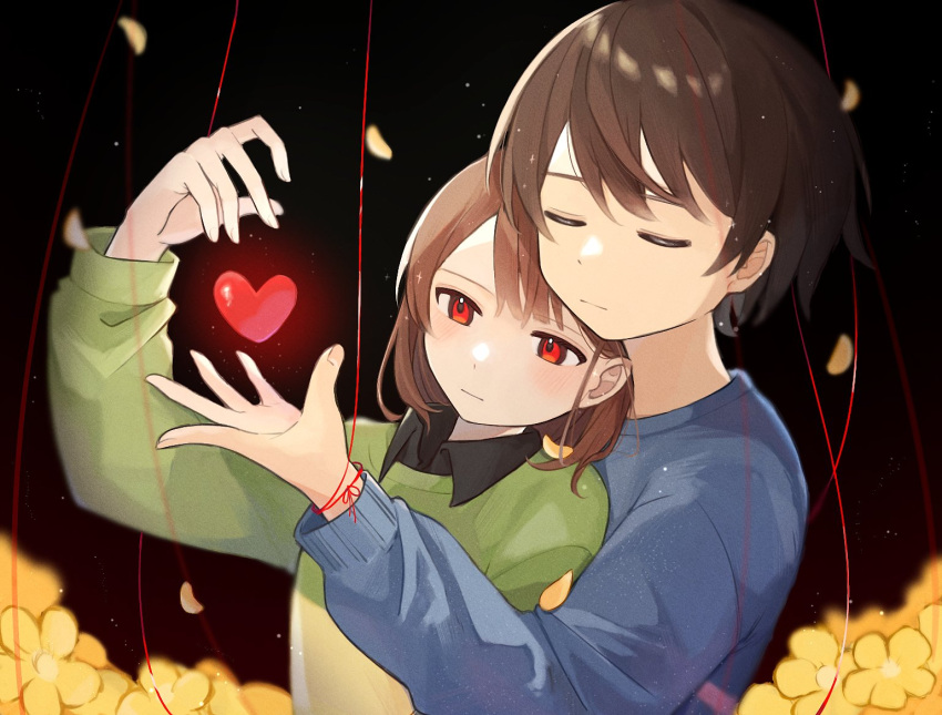 2others androgynous brown_hair chara_(undertale) closed_eyes closed_mouth collared_shirt falling_petals flower frisk_(undertale) green_sweater heart leaning_on_person multiple_others nano_mochi pale_skin petals red_eyes shirt short_hair side-by-side string striped striped_shirt striped_sweater sweater thread undertale yellow_flower yellow_leaves