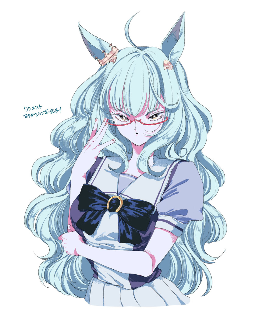 1girl ahoge animal_ears biwa_hayahide_(umamusume) blue_hair bow bowtie commentary_request crown ear_ornament glasses hand_on_eyewear highres horse_ears horse_girl horseshoe_ornament long_hair looking_at_viewer mini_crown omitatamio pleated_skirt puffy_short_sleeves puffy_sleeves purple_bow purple_bowtie purple_shirt red-framed_eyewear sailor_collar sailor_shirt school_uniform semi-rimless_eyewear serafuku shirt short_sleeves simple_background skirt solo summer_uniform tracen_school_uniform translation_request umamusume very_long_hair wavy_hair white_background white_skirt