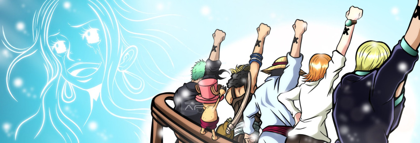 2girls 5boys antlers arm_up artist_name back blonde_hair clenched_hand crying crying_with_eyes_open earrings facial_mark green_hair hat highres horns jewelry log_pose long_hair monkey_d._luffy multiple_boys multiple_girls nami_(one_piece) nefertari_vivi one_piece open_mouth orange_hair reindeer_antlers roronoa_zoro sanji_(one_piece) short_hair signature smile straw_hat suushiaf tears tony_tony_chopper usopp