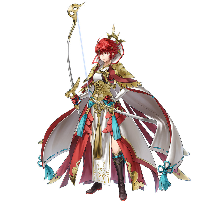 1girl black_footwear boots bow_(weapon) fire_emblem fire_emblem_fates fire_emblem_heroes frown full_body gloves halo hinoka_(fire_emblem) holding holding_bow_(weapon) holding_weapon looking_at_viewer official_alternate_costume official_art red_eyes red_gloves redhead sheath short_hair solo weapon white_background