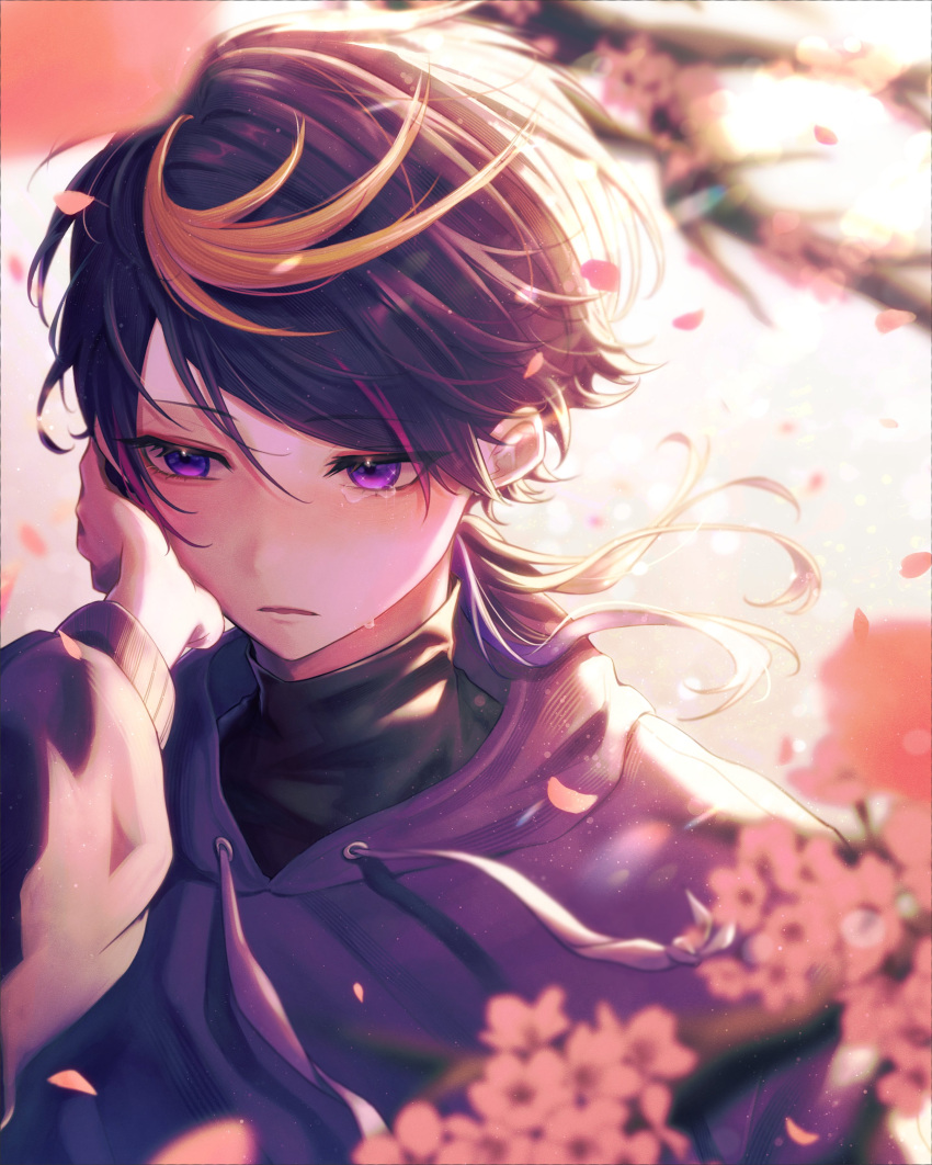 1boy absurdres backlighting black_hair black_shirt blonde_hair blurry blurry_foreground blush branch cherry_blossoms commentary crying depth_of_field drawstring english_commentary eyelashes falling_petals floating_hair flower frown hand_on_own_face hand_up highres hood hood_down hoodie light_particles long_hair long_sleeves looking_away male_focus mochigome_(yum) multicolored_hair nijisanji nijisanji_en open_mouth parted_bangs petals pink_hair purple_hair purple_hoodie shirt shu_yamino sidelocks solo streaked_hair swept_bangs tears turtleneck upper_body violet_eyes virtual_youtuber white_flower