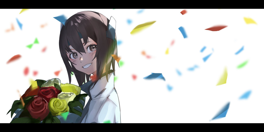 1girl absurdres blush bouquet brown_eyes brown_hair confetti flower hair_between_eyes hato_kan headband headgear highres holding holding_bouquet jacket kantai_collection letterboxed looking_at_viewer red_flower red_rose rose short_hair simple_background solo taihou_(kancolle) upper_body white_background white_flower white_rose yellow_flower yellow_rose