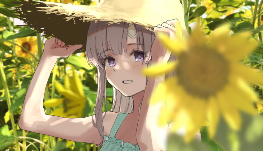 1girl alternate_costume aqua_dress arms_up bandaid bandaid_on_face bandaid_on_forehead blurry blurry_foreground commentary_request dress field flower flower_field frills gathers grey_hair grin hands_on_headwear hat highres idolmaster idolmaster_shiny_colors light_blush long_hair looking_at_viewer narihayao outdoors sidelocks sleeveless sleeveless_dress smile solo spaghetti_strap straw_hat summer sun_hat sundress sunflower sunlight tareme upper_body violet_eyes yukoku_kiriko