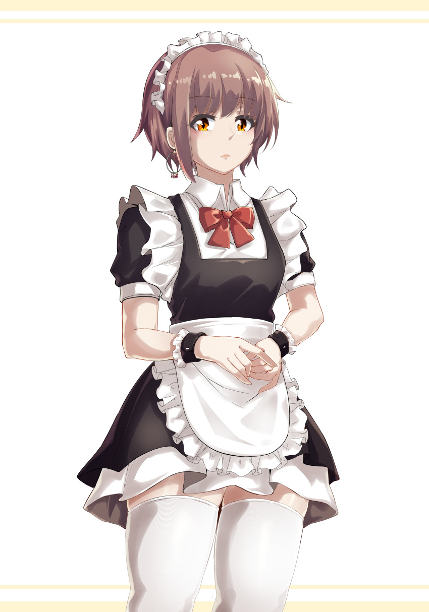 1girl 627247421 absurdres alternate_costume apron black_dress bow bowtie brown_eyes closed_mouth collared_dress commentary_request cowboy_shot dress earrings expressionless highres jewelry looking_at_viewer maid maid_apron nagato_yuki puffy_short_sleeves puffy_sleeves purple_hair red_bow red_bowtie short_hair short_sleeves simple_background solo standing suzumiya_haruhi_no_yuuutsu thigh-highs white_background white_thighhighs wrist_cuffs