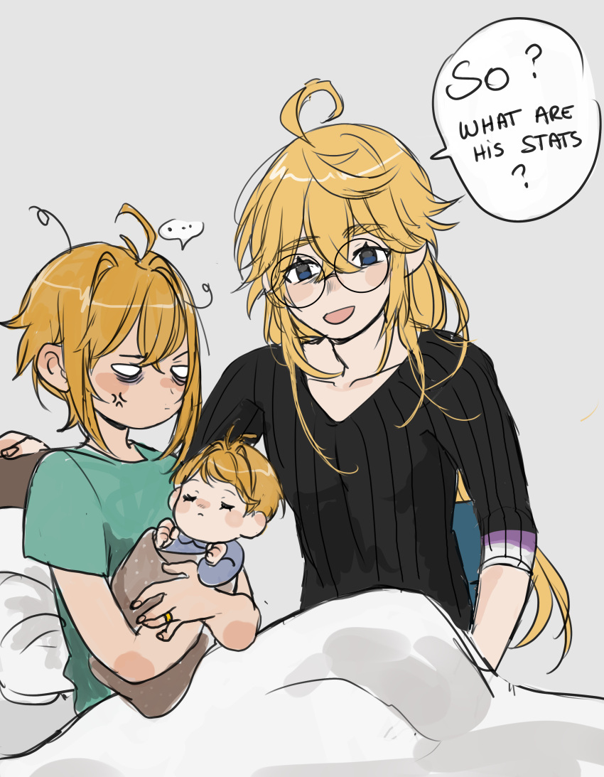 absurdres aged_down anger_vein baby bed black_sweater blank_eyes dadeltan disheveled english_text family father_and_son fiora_(xenoblade) glasses hair_between_eyes highres holding_baby hospital_bed messy_hair mother_and_son nikol_(xenoblade) shulk_(xenoblade) speech_bubble sweater under_covers xenoblade_chronicles_(series) xenoblade_chronicles_3 xenoblade_chronicles_3:_future_redeemed