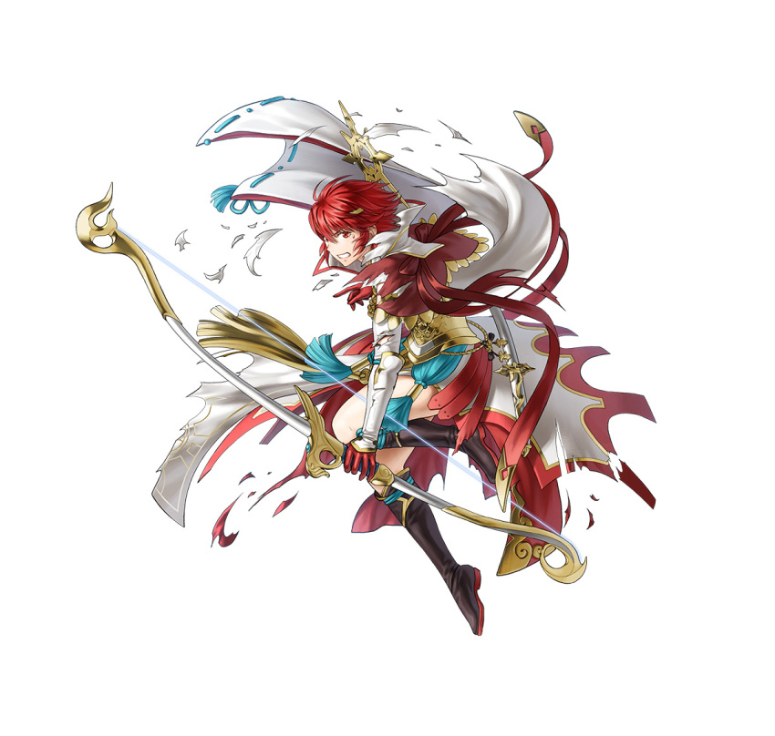 1girl black_footwear boots bow_(weapon) clenched_teeth damaged fire_emblem fire_emblem_fates fire_emblem_heroes frown full_body gloves halo hinoka_(fire_emblem) holding holding_bow_(weapon) holding_weapon official_alternate_costume official_art red_eyes red_gloves redhead sheath short_hair solo teeth torn_cloth weapon white_background