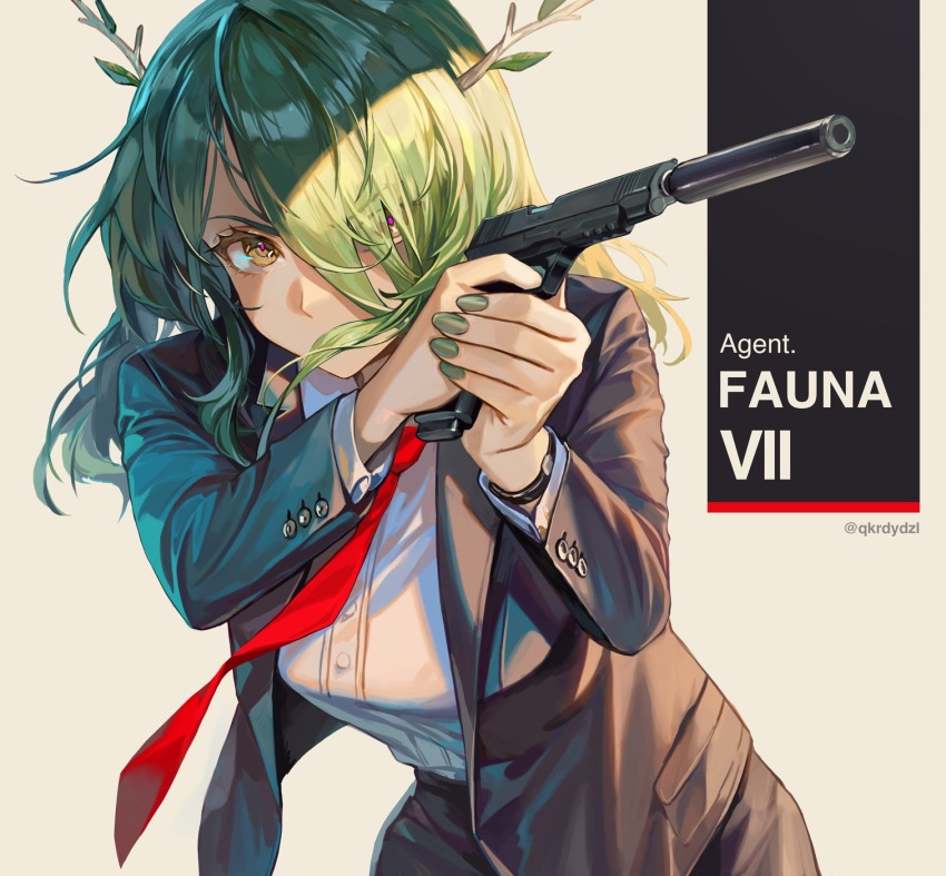 1girl aiming antlers artist_name black_pants black_suit branch breasts ceres_fauna english_text fingernails formal green_hair green_nails gun handgun highres holding holding_weapon hololive hololive_english long_hair long_sleeves nail_polish necktie pant_suit pants red_tie santafe99 shirt solo suit suppressor virtual_youtuber weapon white_shirt yellow_eyes