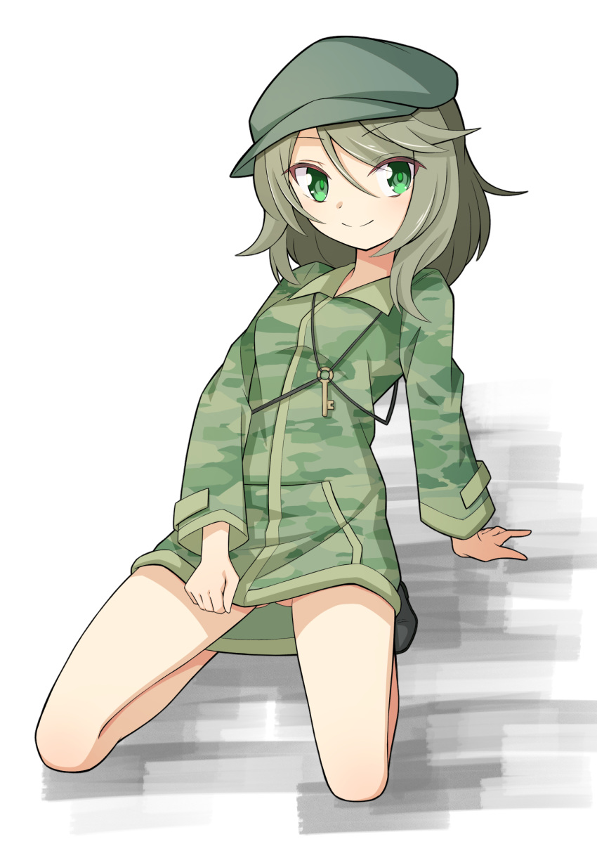 1girl camouflage_dress closed_mouth commentary dress flat_cap full_body green_dress green_eyes green_hair green_headwear green_pupils hat hekkmushi highres key long_sleeves medium_hair smile solo touhou white_background yamashiro_takane