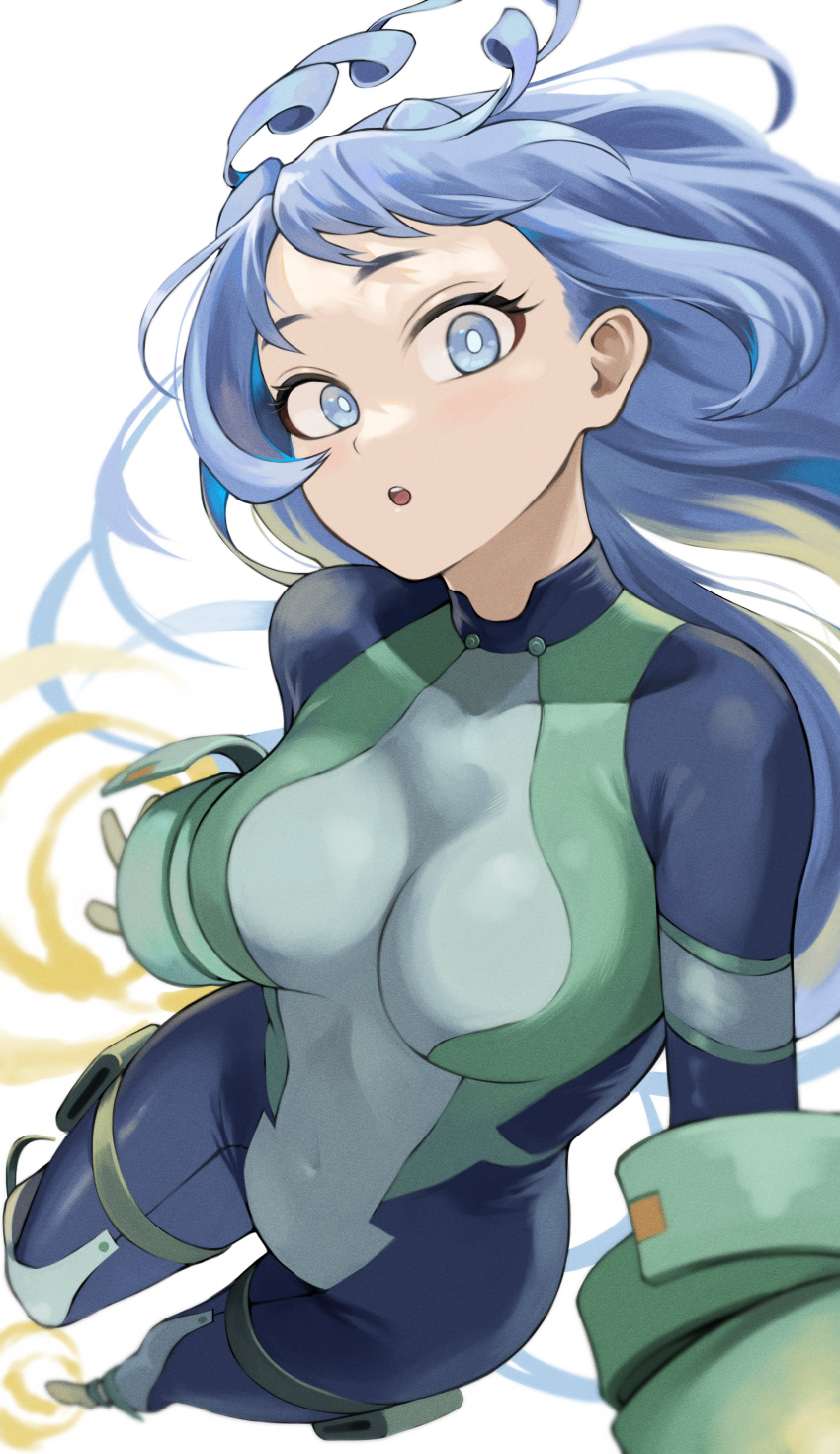 1girl absurdres antenna_hair belly blue_eyes blue_hair boku_no_hero_academia breasts collarbone fengling_(furin-jp) gloves groin hadou_nejire highres large_breasts long_hair looking_at_viewer navel open_mouth perspective simple_background solo tight_clothes very_long_hair white_background
