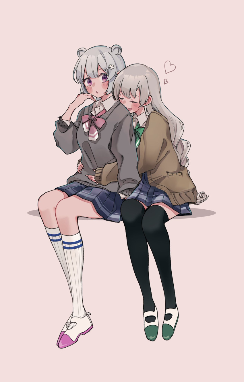 2girls :o alpaca_opo alternate_costume black_thighhighs blue_skirt blush bow bowtie braid brown_cardigan cardigan cevio closed_eyes collared_shirt commentary_request double_bun full_body grey_hair hair_bun heart highres hug hug_from_behind invisible_chair kizuna_akari kneehighs koharu_rikka long_hair long_sleeves looking_at_another looking_back loose_bowtie multiple_girls open_cardigan open_clothes open_mouth pink_bow pink_bowtie pink_eyes pleated_skirt popped_collar school_uniform shirt shoes short_hair simple_background sitting skirt smile socks synthesizer_v thigh-highs uwabaki voiceroid white_background white_shirt white_socks yuri