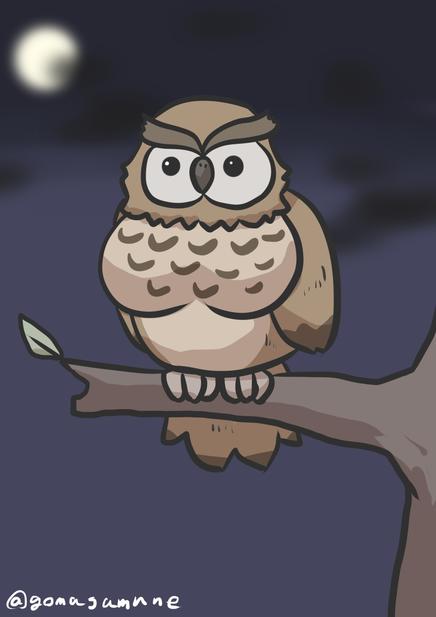 absurdres animal animalization bird blurry blurry_background branch character_request clouds depth_of_field full_moon goma_(gomasamune) highres looking_at_viewer moon night night_sky no_humans outdoors owl sky solid_circle_eyes thick_eyebrows twitter_username umamusume