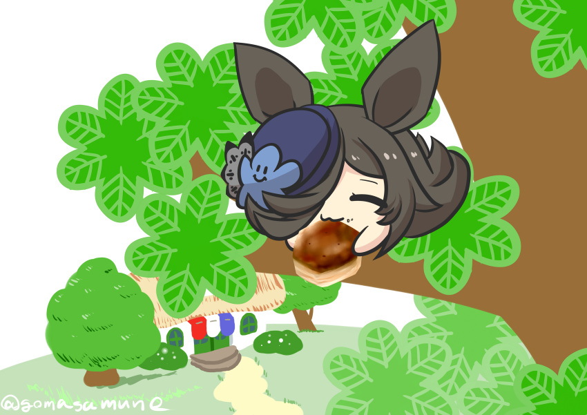 1girl absurdly_long_hair absurdres animal_ears black_hair blue_flower blue_headwear building closed_eyes closed_mouth door eating flower food goma_(gomasamune) hair_over_one_eye hat hat_flower highres holding holding_food horse_ears in_tree long_hair rice_shower_(umamusume) solo tilted_headwear tree twitter_username umamusume very_long_hair white_background window