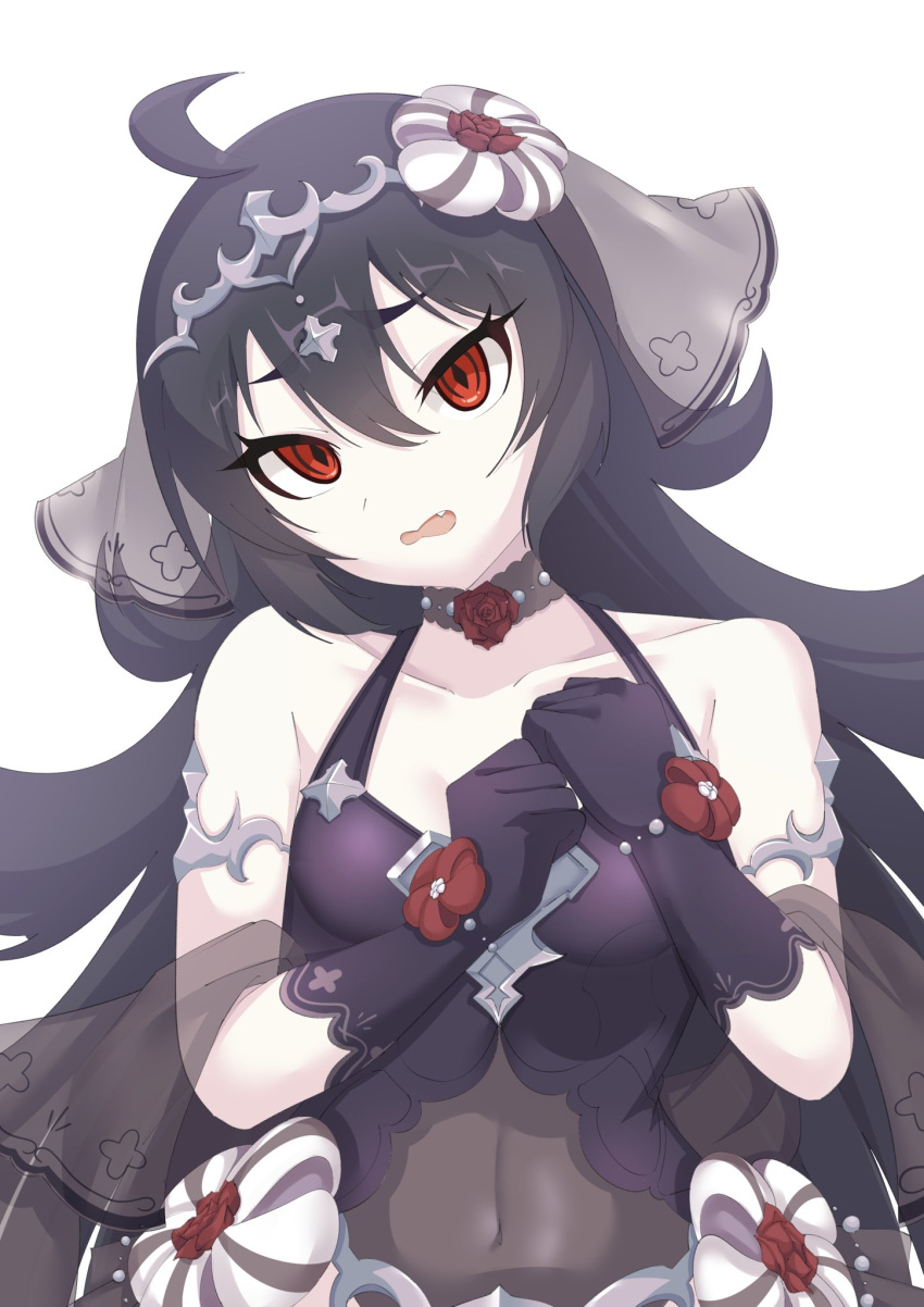 1girl ahoge bare_shoulders black_gloves black_hair choker collarbone covered_navel gloves hair_between_eyes highres ilya_(princess_connect!) long_hair looking_at_viewer open_mouth princess_connect! raru_(bnnon42) red_eyes solo upper_body veil very_long_hair