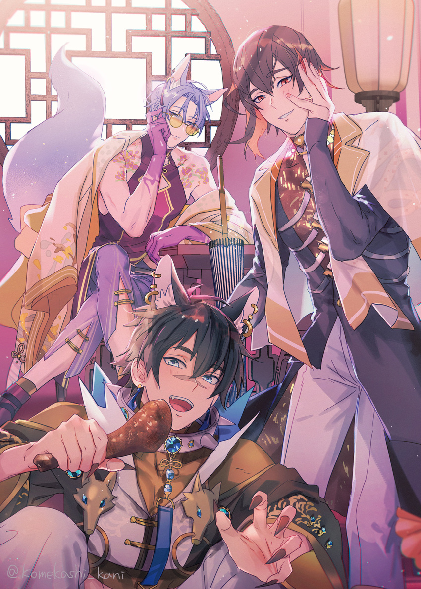 3boys animal_ears bishounen blue_eyes blush brown_hair chinese_clothes collar colored_inner_hair ear_piercing flower_tattoo fox_boy fox_ears fox_tail garu_(nu_carnival) gem heterochromia highres komekashi_kani kuya_(nu_carnival) long_sleeves looking_at_viewer male_focus mole mole_under_eye multicolored_hair multiple_boys nu_carnival official_alternate_costume orange_eyes pants piercing purple_hair purple_nails red_eyes redhead scar scar_on_face scar_on_nose short_hair slit_pupils smile spiked_collar spikes tail tassel tattoo violet_eyes white_pants wolf_boy wolf_ears yakumo_(nu_carnival) yellow_eyes