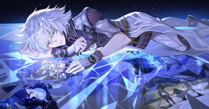 1boy absurdres arm_guards blue_eyes closed_mouth coat forehead_jewel highres jin_(xenoblade) lying male_focus medium_hair on_stomach pants raininmoradain short_sleeves solo spiky_hair white_coat white_hair white_pants xenoblade_chronicles_(series) xenoblade_chronicles_2 xenoblade_chronicles_2:_torna_-_the_golden_country