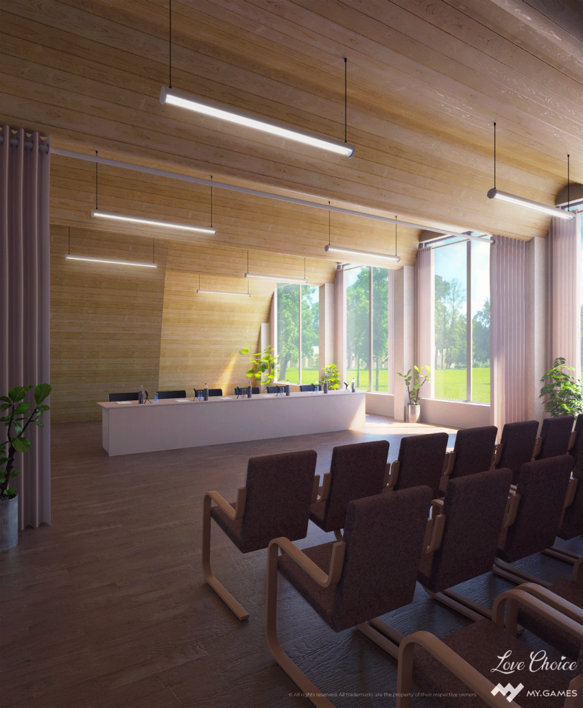 3d ceiling ceiling_light chair curtains grass highres indoors interior no_humans original plant potted_plant press_conference scenery shadow sunlight surafin table tree wall window wooden_ceiling wooden_floor wooden_wall