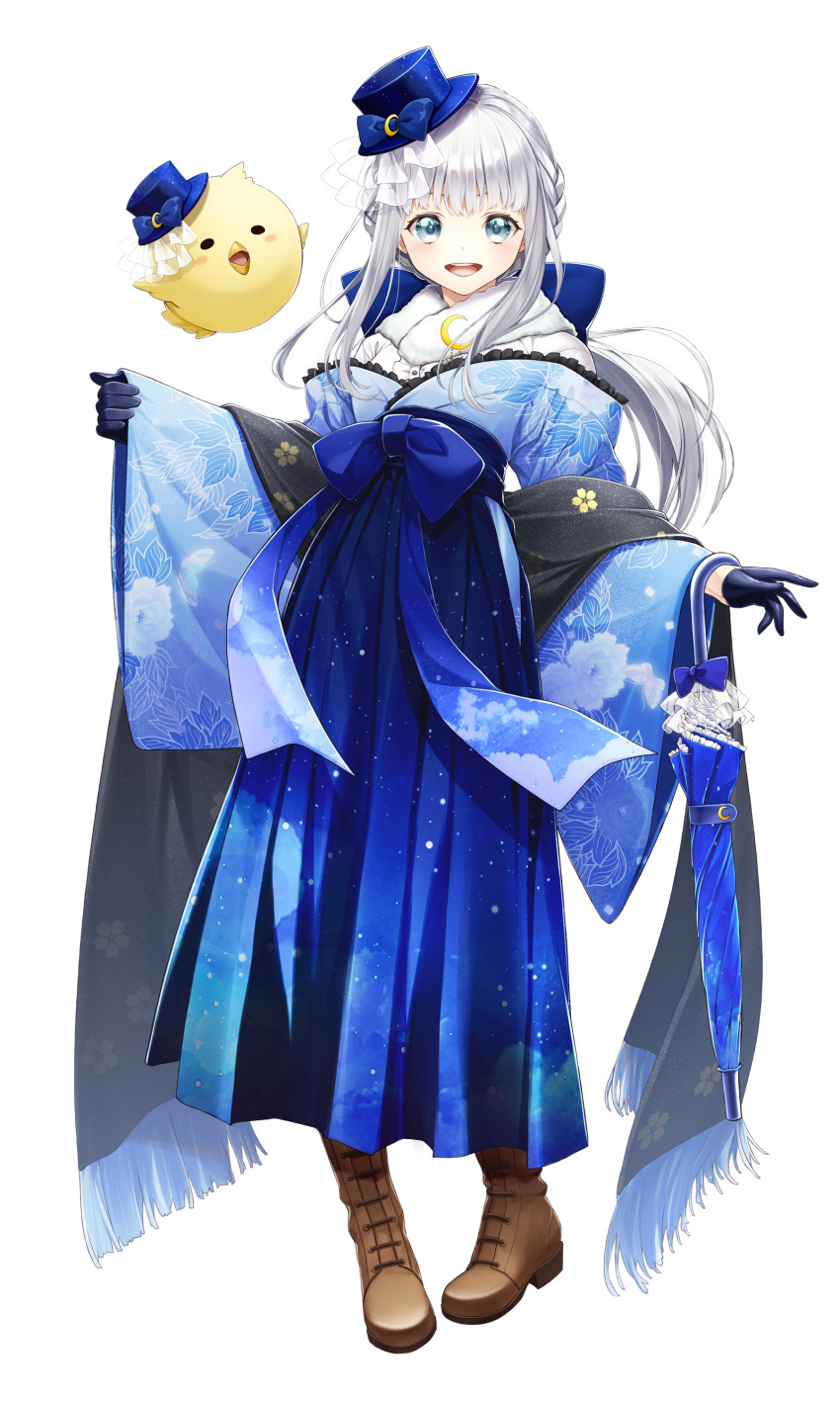 1girl absurdres arms_at_sides black_gloves black_shawl blue_bow blue_eyes blue_hakama blue_headwear blue_kimono blue_skirt boots bow brown_footwear chocopanda_(utaite) cross-laced_footwear fenrir_(fenlil0316) floral_print fur_scarf gloves grey_hair hair_bow hakama hakama_skirt half_gloves hat highres japanese_clothes kimono knee_boots lace-up_boots large_bow long_hair looking_at_viewer low_ponytail nape_braid official_art open_mouth pinching_sleeves pleated_skirt print_kimono scarf shawl sidelocks simple_background skirt solo tilted_headwear utaite_(singer) w_arms white_background white_scarf