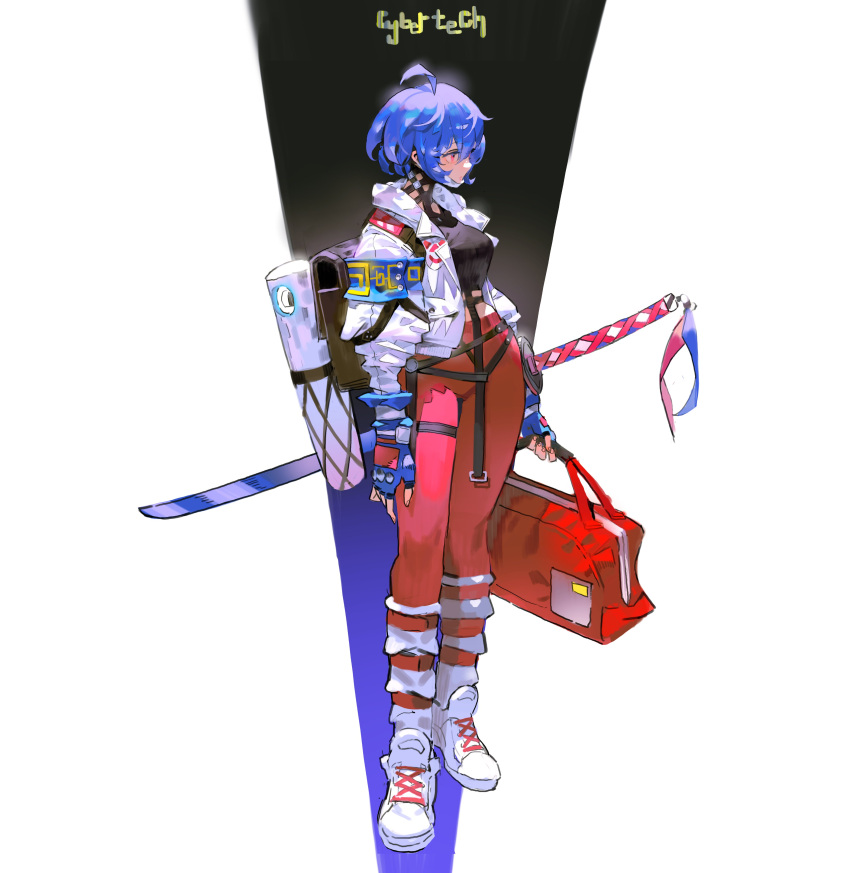 1girl absurdres antenna_hair armband arowana2111 backpack bag belt black_background black_bag blue_armband blue_background blue_hair commentary english_commentary english_text fingerless_gloves full_body gloves gradient_background highres holding holding_bag holding_sword holding_weapon jacket looking_to_the_side midriff original pants red_bag red_eyes red_pants shoes short_hair simple_background sneakers solo standing sword tank_top weapon white_background white_jacket yoga_pants