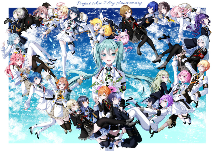 absurdres anniversary aoitenziku aqua_eyes aqua_hair black_thighhighs blue_hair blue_sky brown_hair commentary hatsune_miku highres kagamine_len kagamine_rin multiple_girls pink_hair project_sekai purple_hair sky smile thigh-highs white_hair white_thighhighs