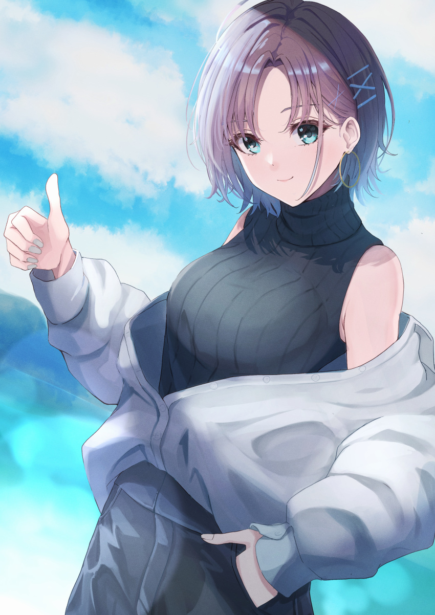 1girl absurdres ahoge asakura_toru bare_shoulders black_pants black_sweater blue_eyes blue_hair blue_nails blue_sky breasts brown_hair closed_mouth clouds cowboy_shot dot_nose earrings gradient_hair hair_ornament hairclip hand_in_pocket hand_up highres hoop_earrings idolmaster idolmaster_shiny_colors jacket jewelry long_sleeves looking_at_viewer marishiten_(mar1sh110) medium_breasts multicolored_hair off_shoulder pants parted_bangs partially_unbuttoned short_hair sky sleeveless sleeveless_sweater smile solo striped striped_sweater sweater thumbs_up turtleneck turtleneck_sweater white_jacket