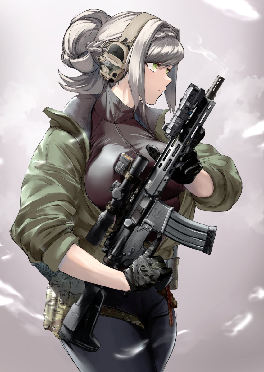 1girl ar-15 breasts ear_protection gloves green_eyes gun highres jacket large_breasts optical_sight original rifle simple_background sleeves_rolled_up smoke smoking_gun solo thick_thighs thighs trigger_discipline turtleneck utsucan weapon white_hair